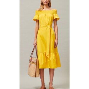 NWT Tory Burch Smocked Off the Shoulder Tie Waist Midi Dress in Flaming Yellow